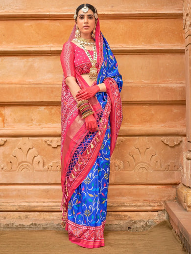 Astonishing Blue Patola Printed Silk Festival Wear Saree With Blouse
